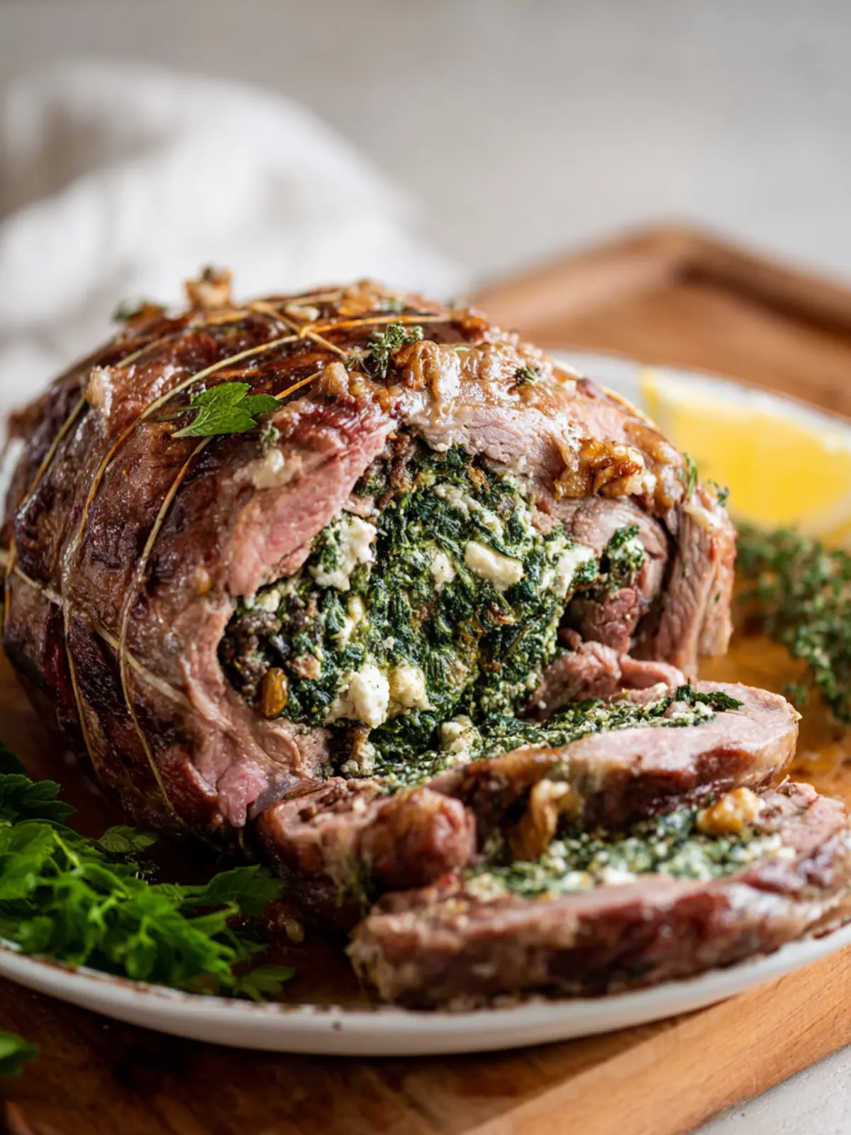 Stuffed Leg of Lamb with Spinach, Feta & Walnuts