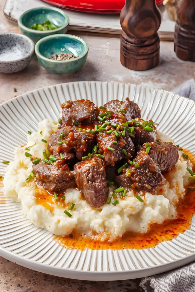 Steak bites with garlic butter on mashed potatoes