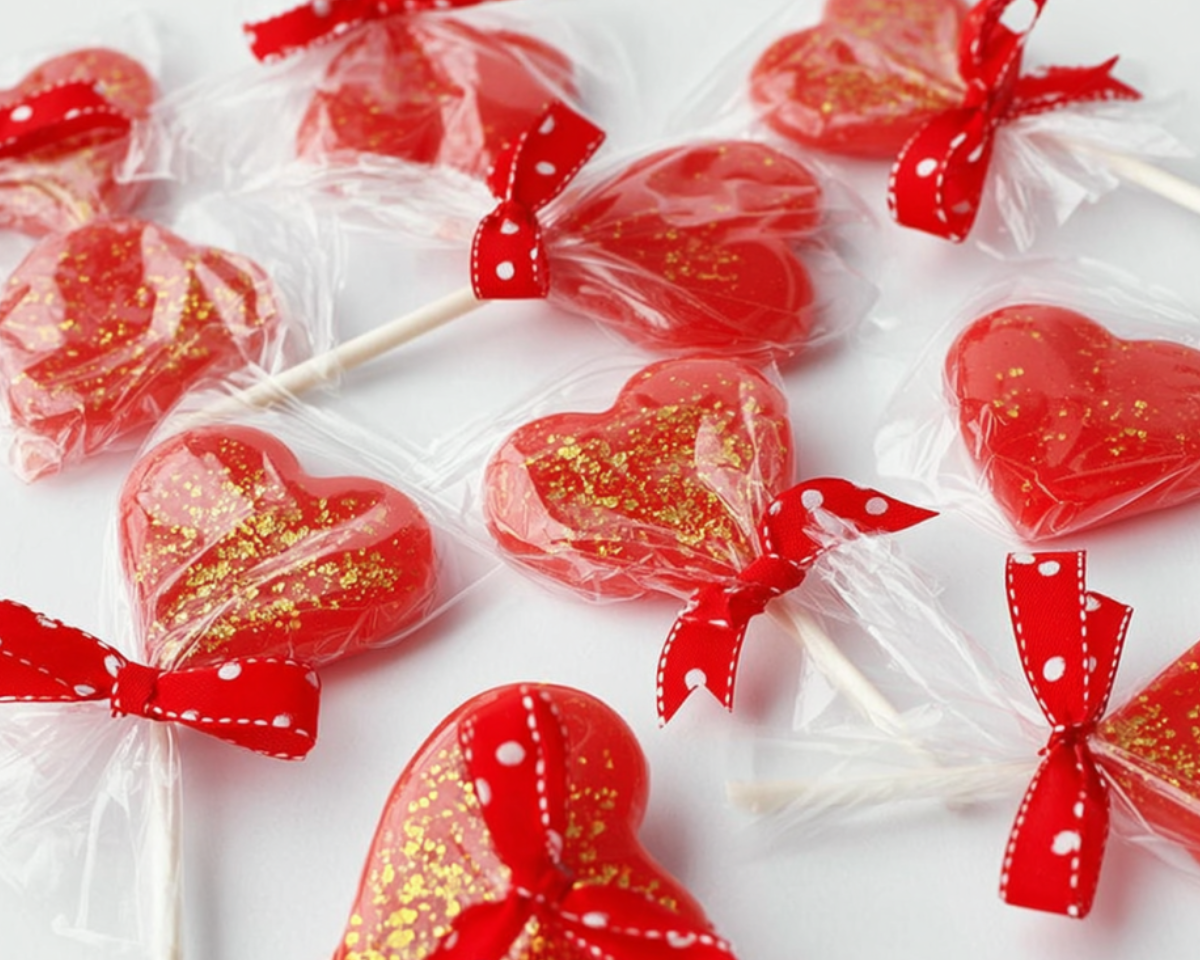 Sucettes cœur rouges brillantes sur bâton