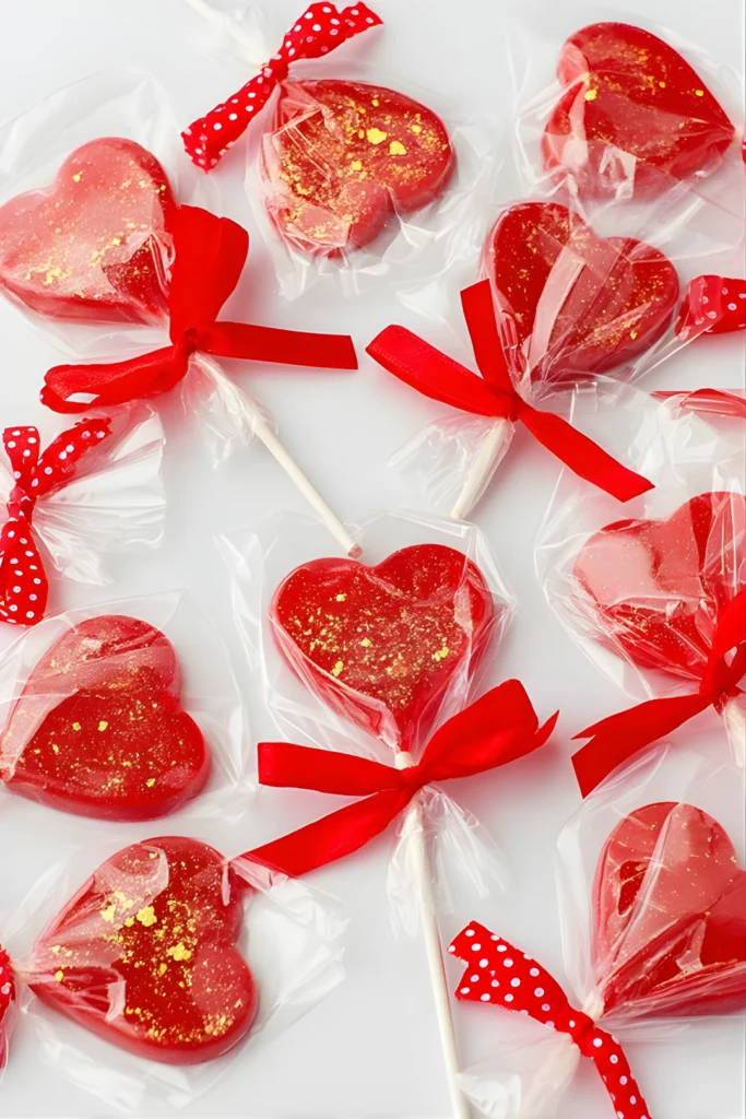 Sucettes cœur rouges emballées avec ruban