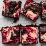 Brownies cheesecake framboise coupés en carrés