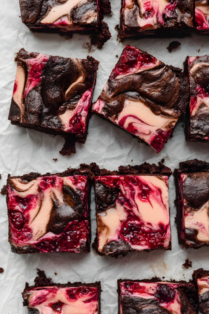Brownies cheesecake framboise coupés en carrés