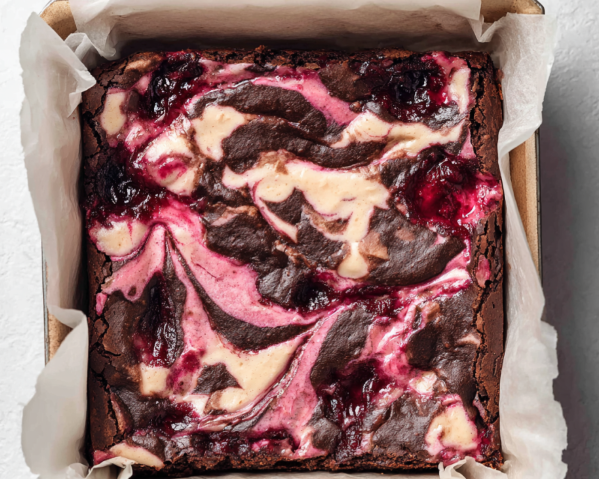 Brownies cheesecake framboise entiers dans le moule