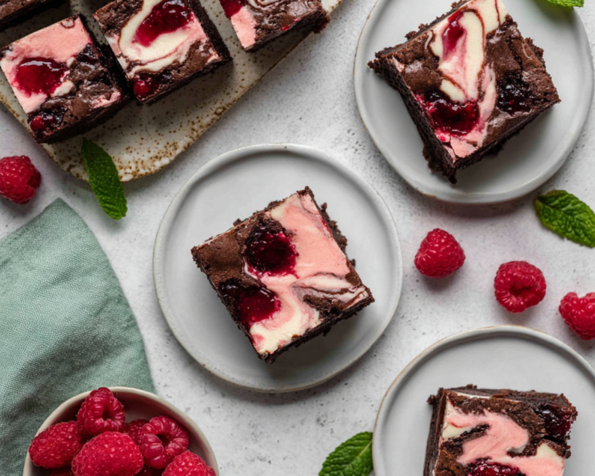 Brownies cheesecake framboise servis à lassiette