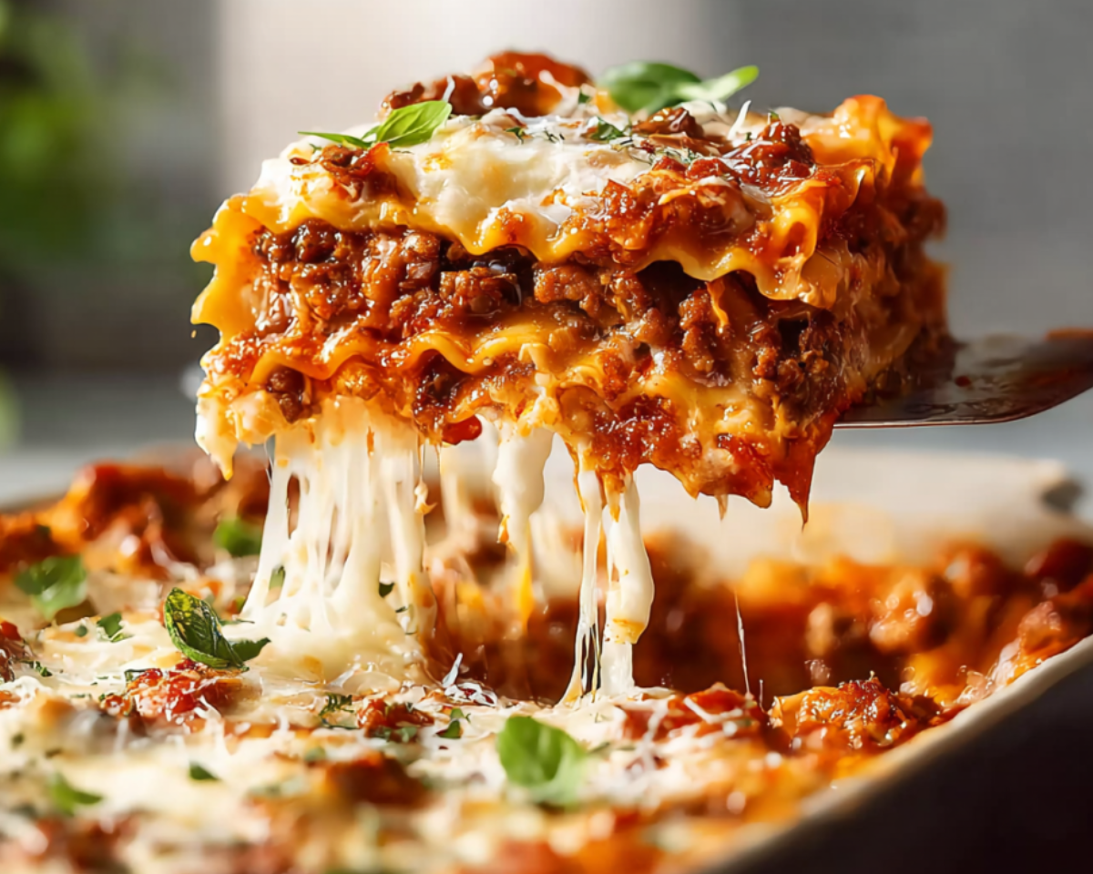 Cheesy lasagna slice with melted layers