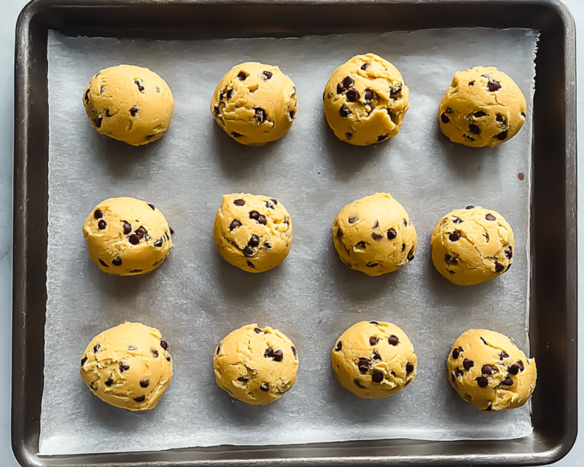 Chocolate chip cookie dough balls on baking sheet