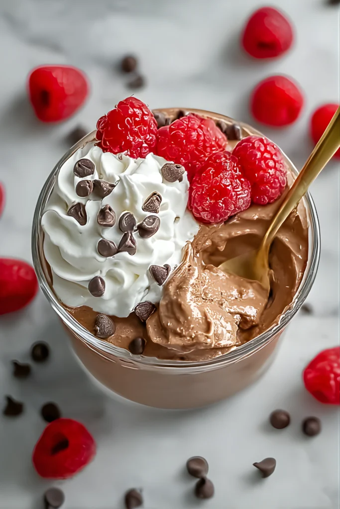 Chocolate cottage cheese mousse with raspberries