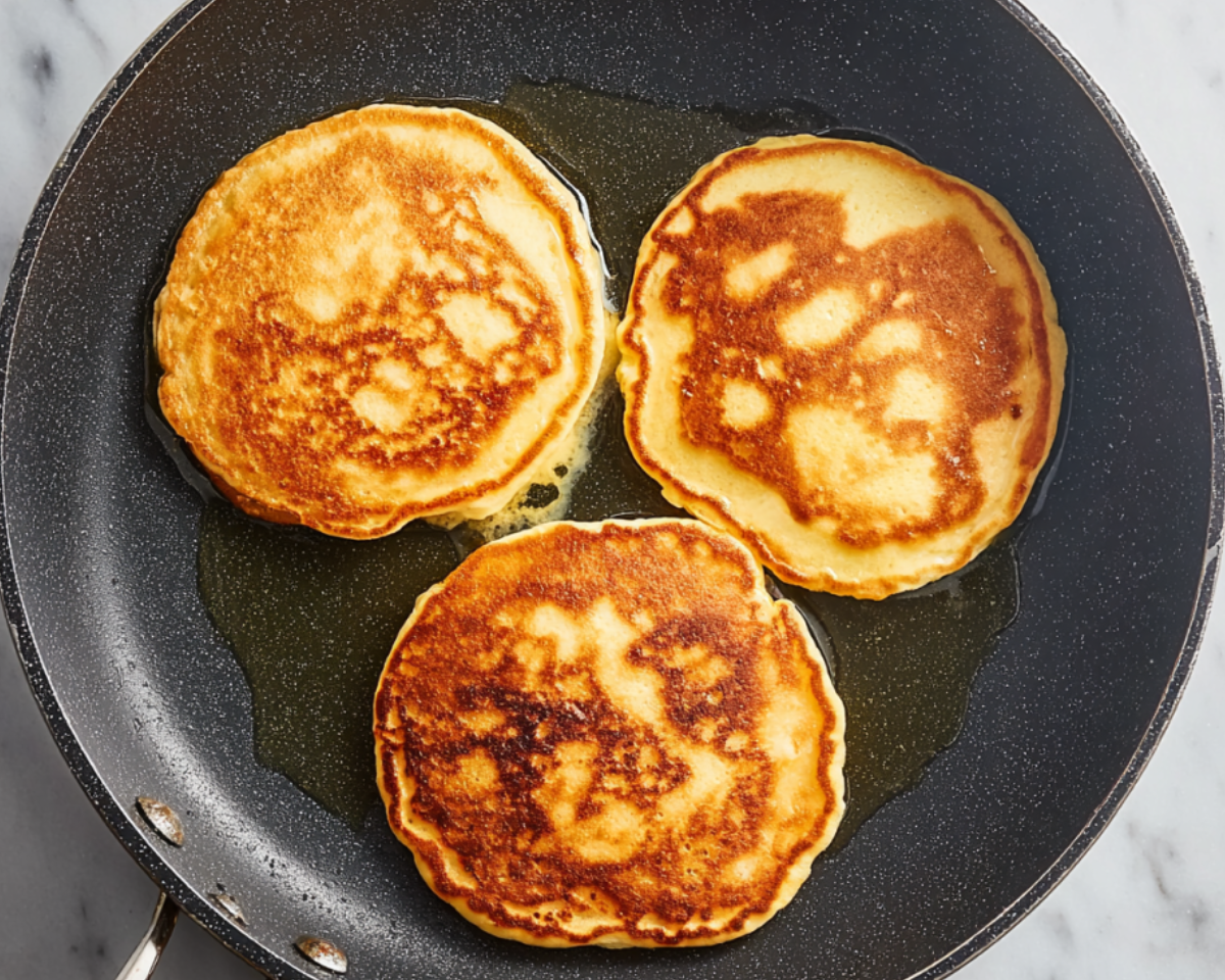 Cottage cheese pancakes cooking in skillet