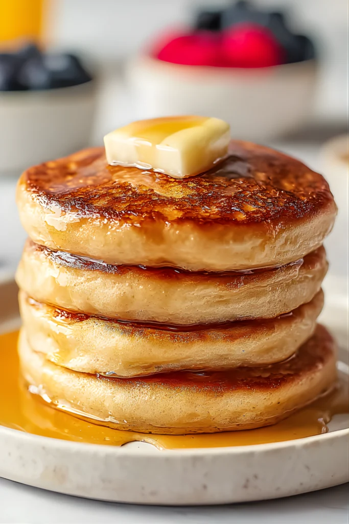 Cottage cheese pancakes with butter and syrup