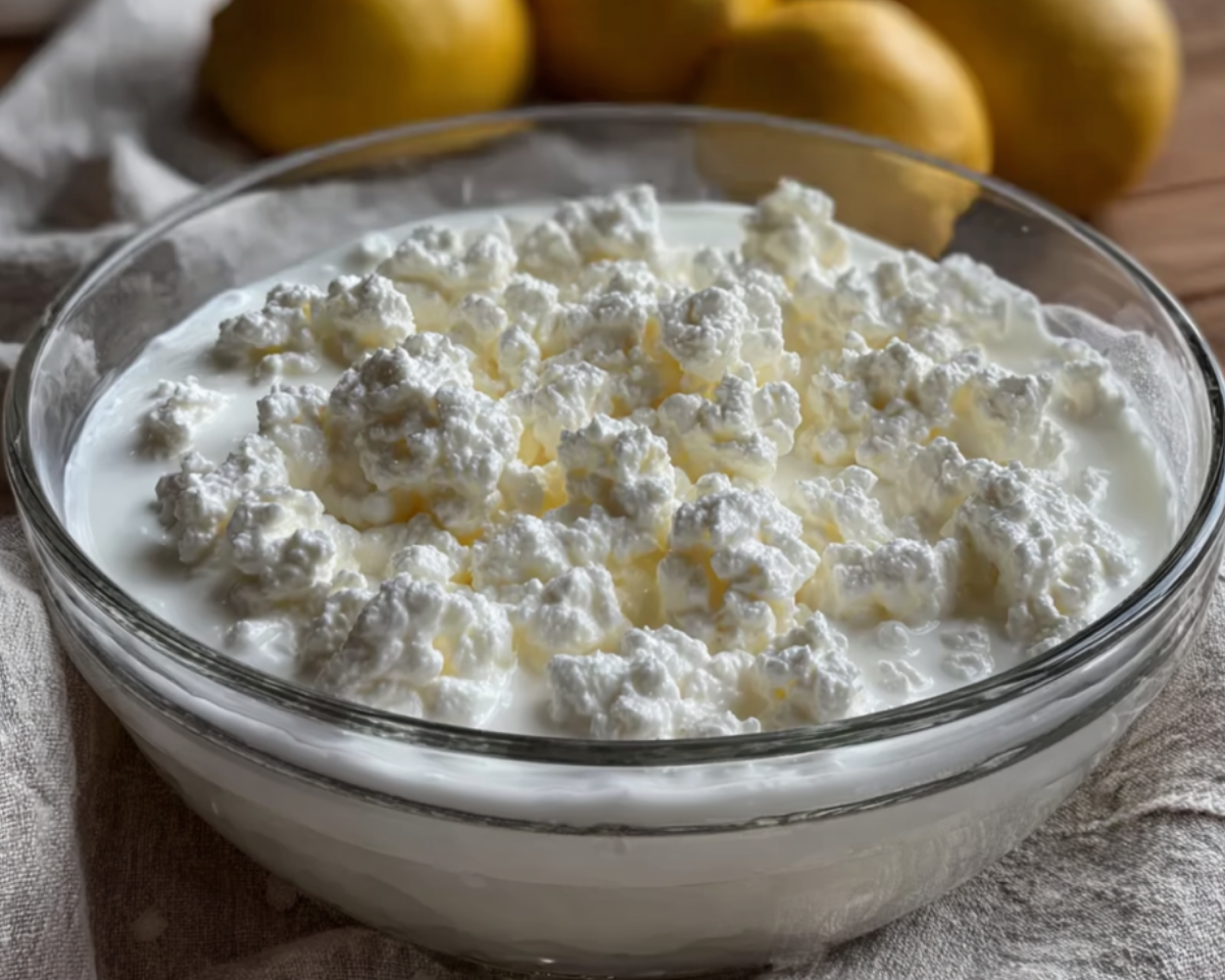 Creamy homemade cottage cheese in bowl