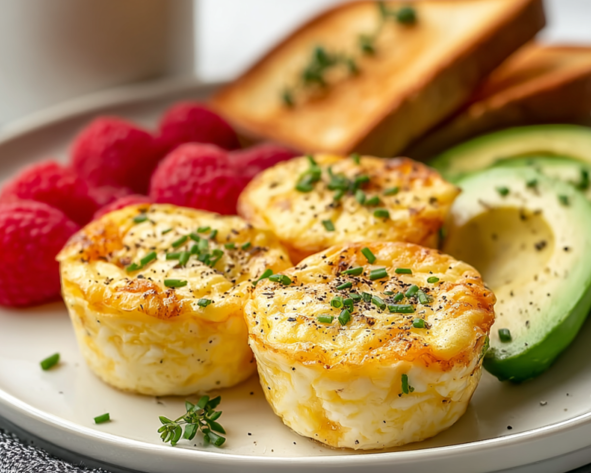 Egg bites with avocado raspberries and toast