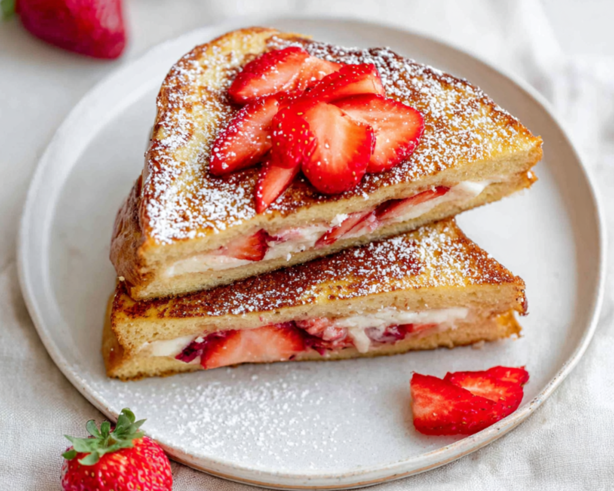 French toast with strawberries and maple syrup