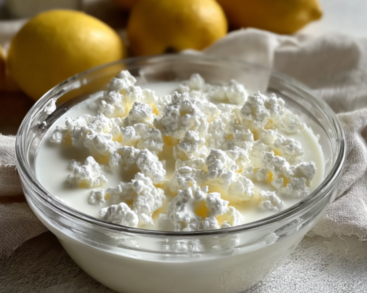 Fresh cottage cheese with lemons in background