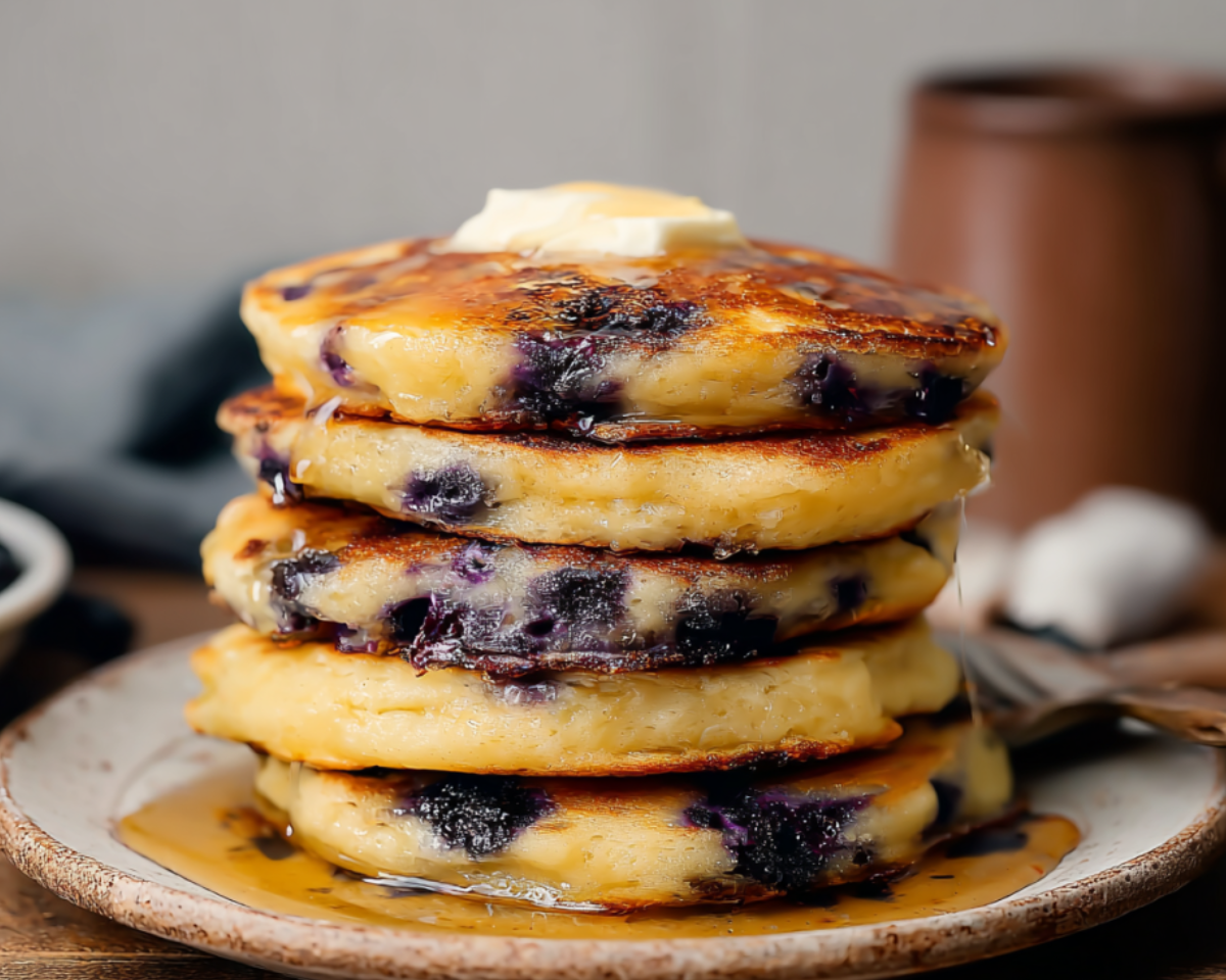 Golden blueberry pancakes on a plate