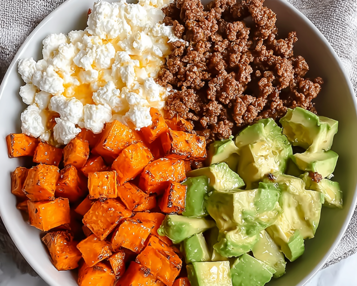 Ground beef sweet potato cottage cheese bowl
