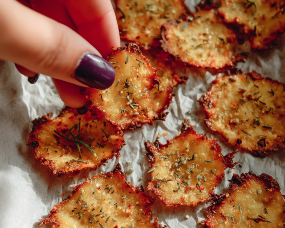 Hand picking a crispy cottage cheese chip