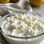 Homemade cottage cheese in glass bowl