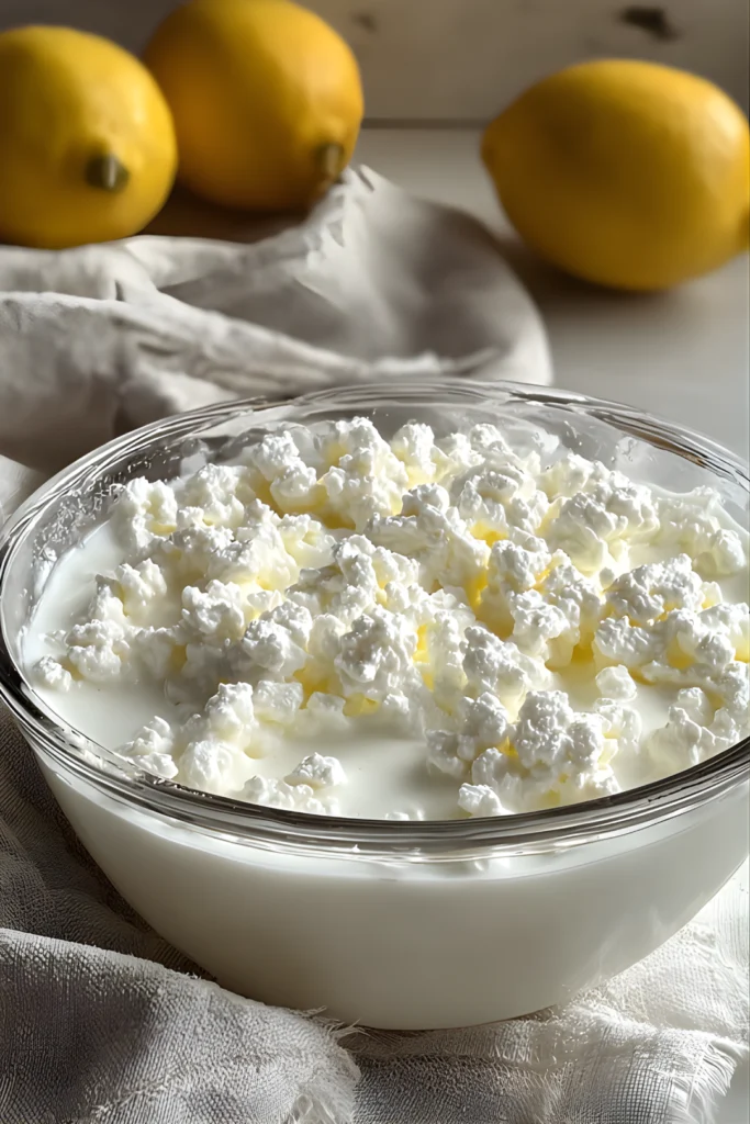 Homemade cottage cheese in glass bowl