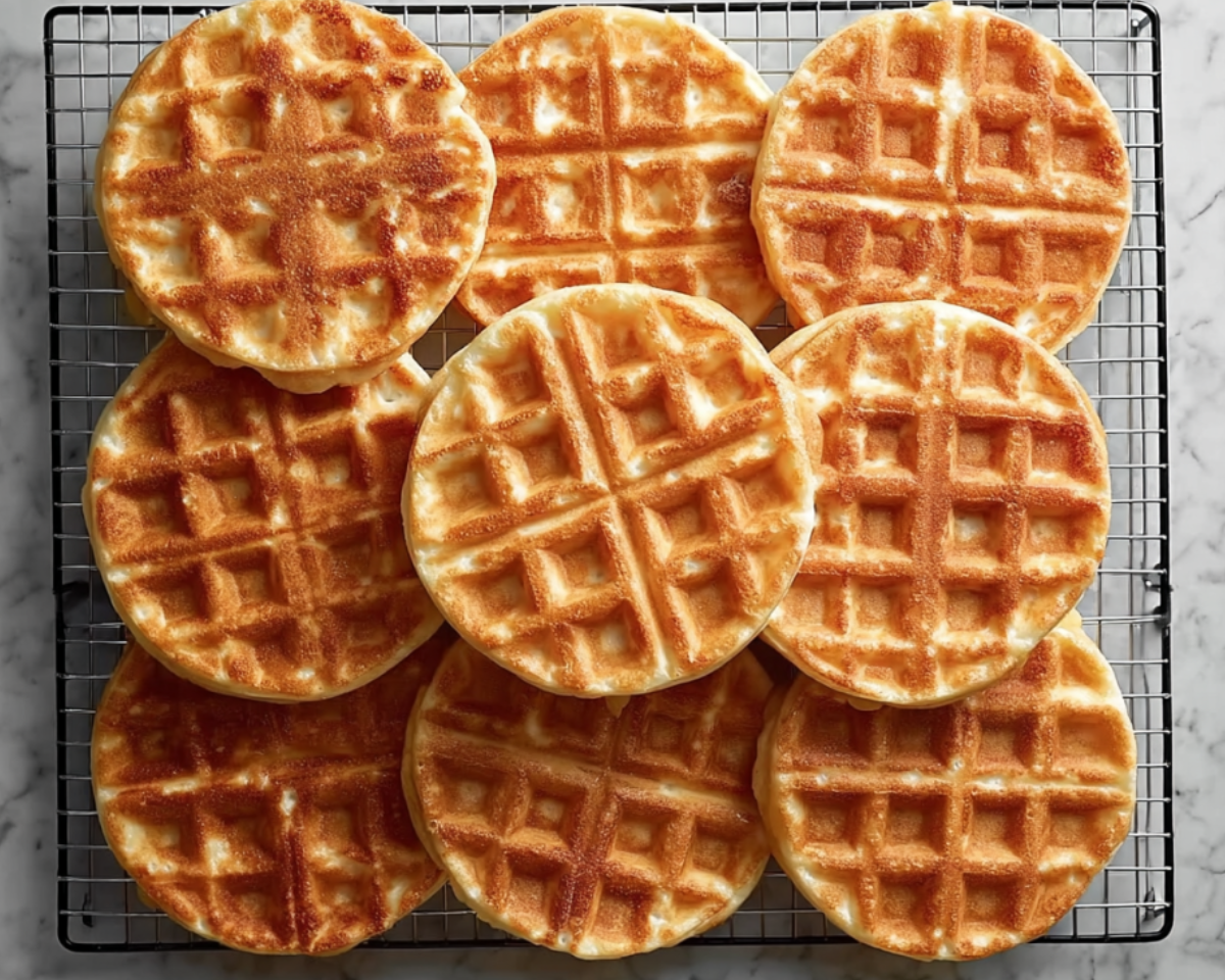 Homemade waffles cooling on rack