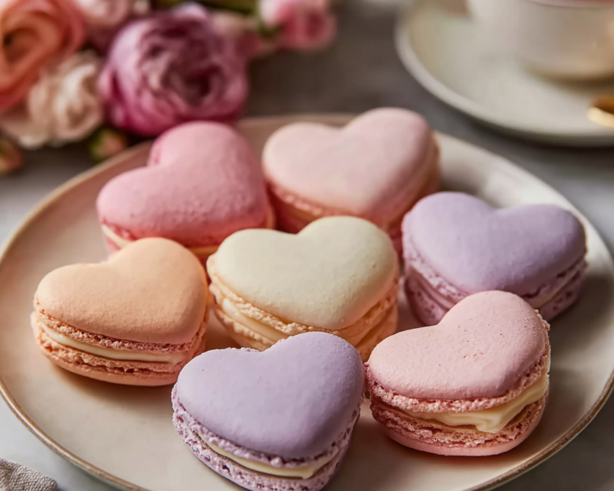 Pink heart macarons close up