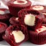 Red velvet cheesecake bites cut open