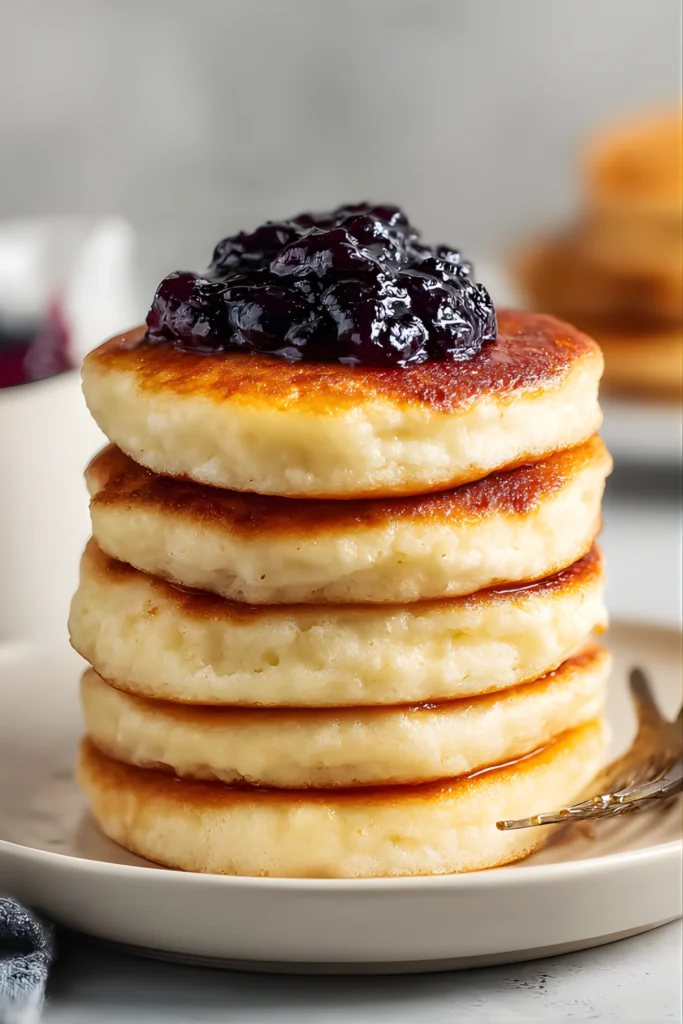Stack of cottage cheese pancakes with jam