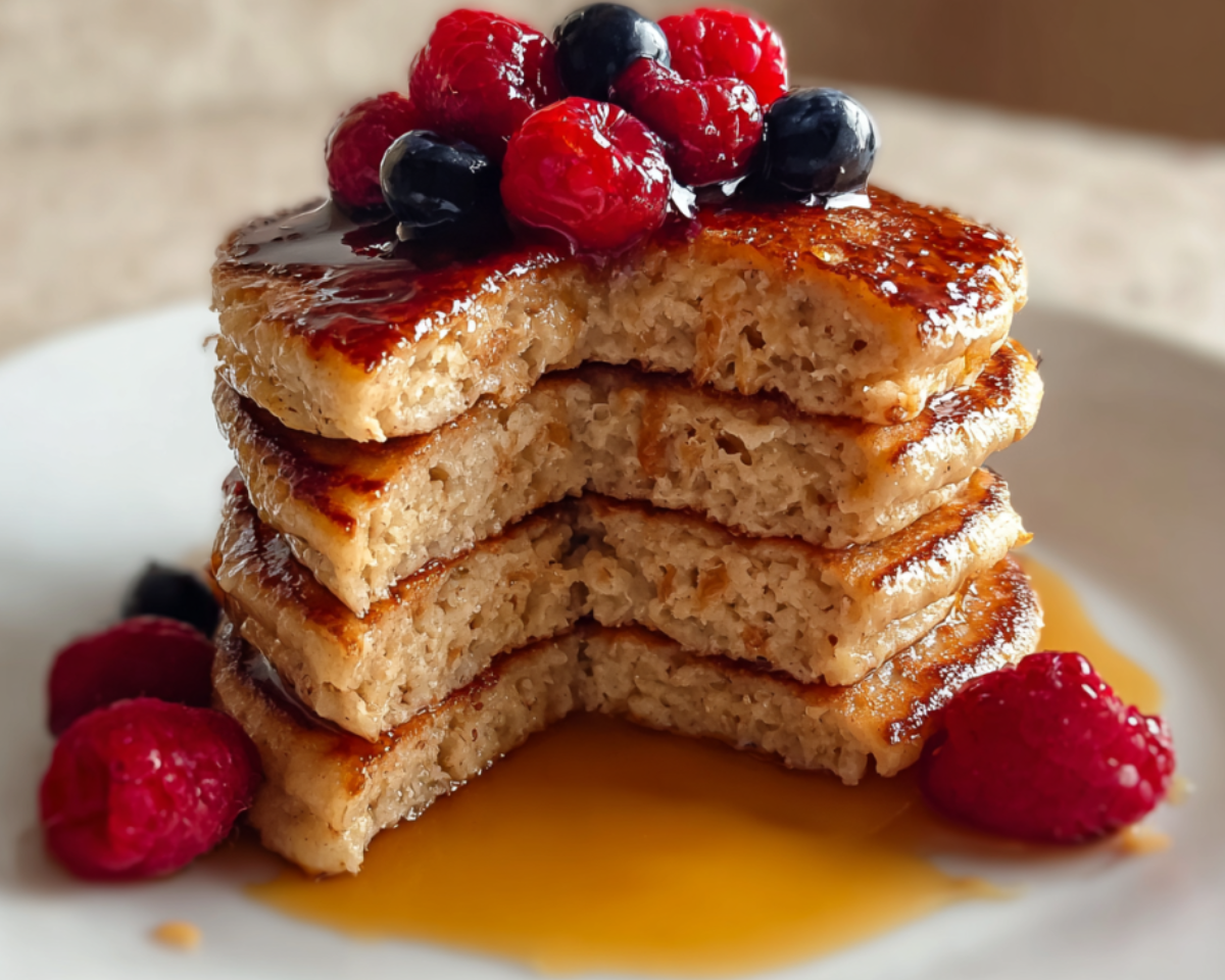 Stack of fluffy pancakes with berries