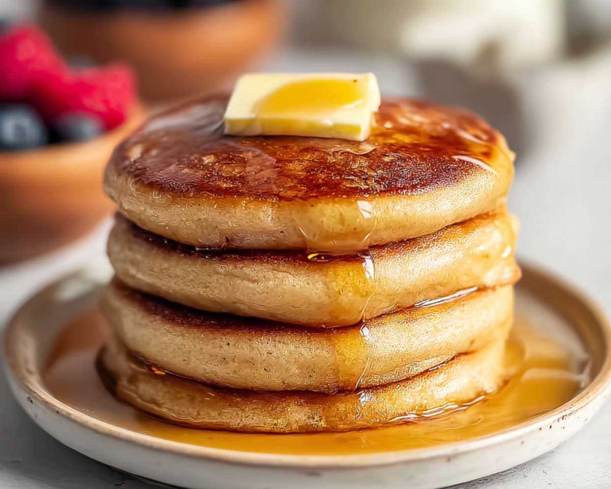 Stacked cottage cheese pancakes with syrup