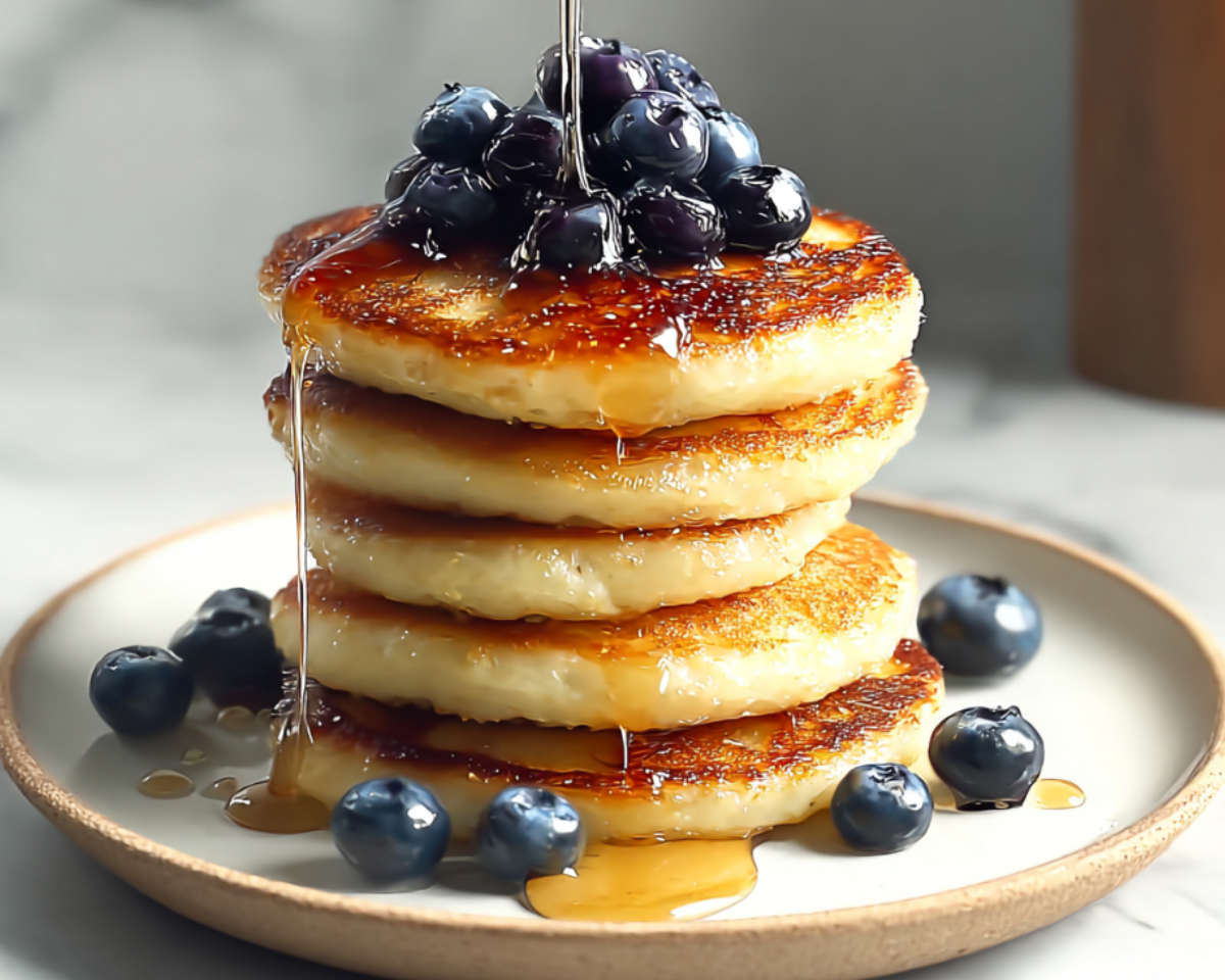 Thick keto pancakes stacked with syrup drizzle