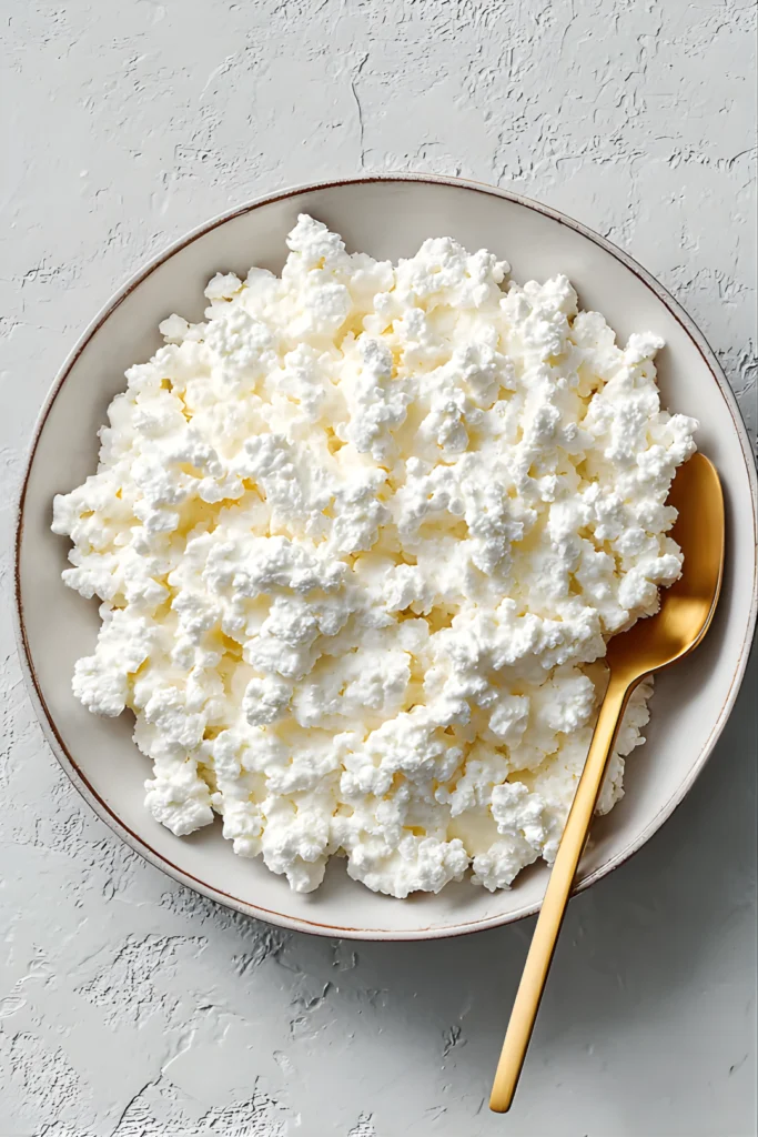 Vegan cottage cheese with gold spoon
