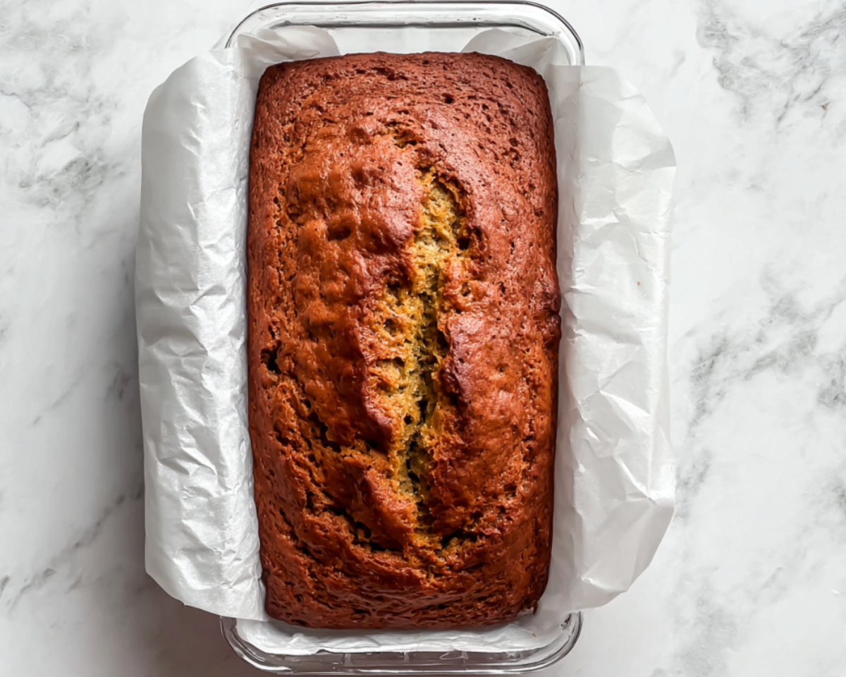 Whole banana bread loaf in pan with parchment