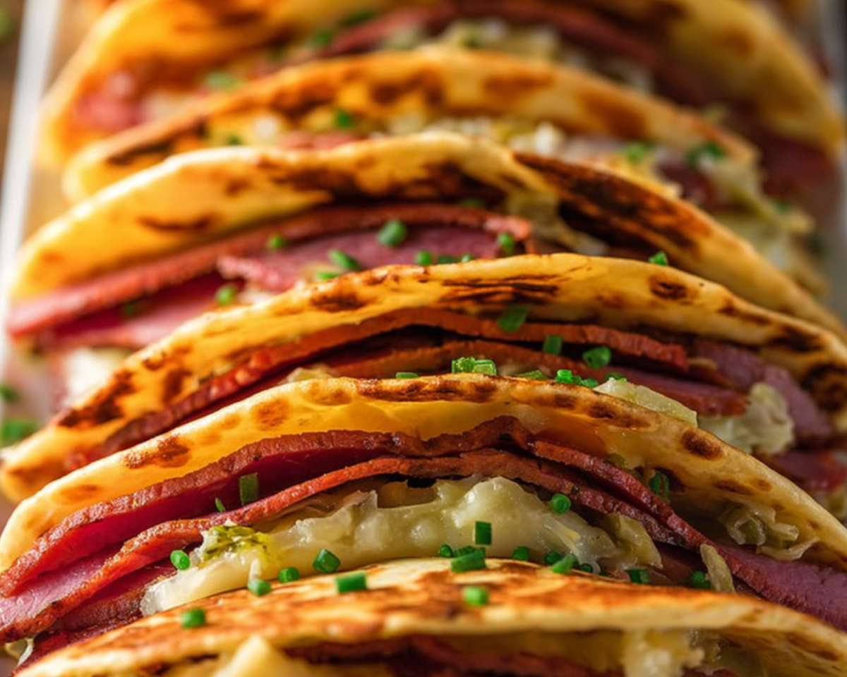Close view of Irish tacos with corned beef