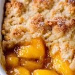 Cobbler aux pêches doré dans plat blanc