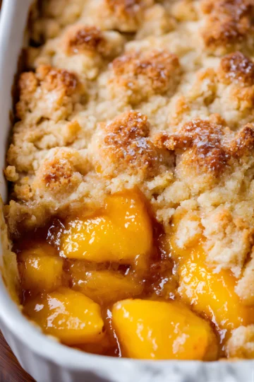 Cobbler aux pêches doré dans plat blanc