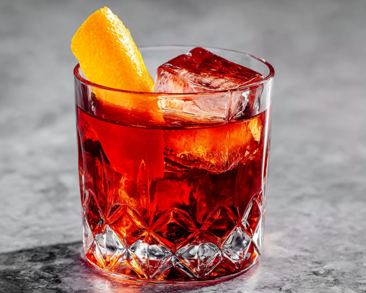 Cocktail rouge intense avec gros glaçon et quartier d orange