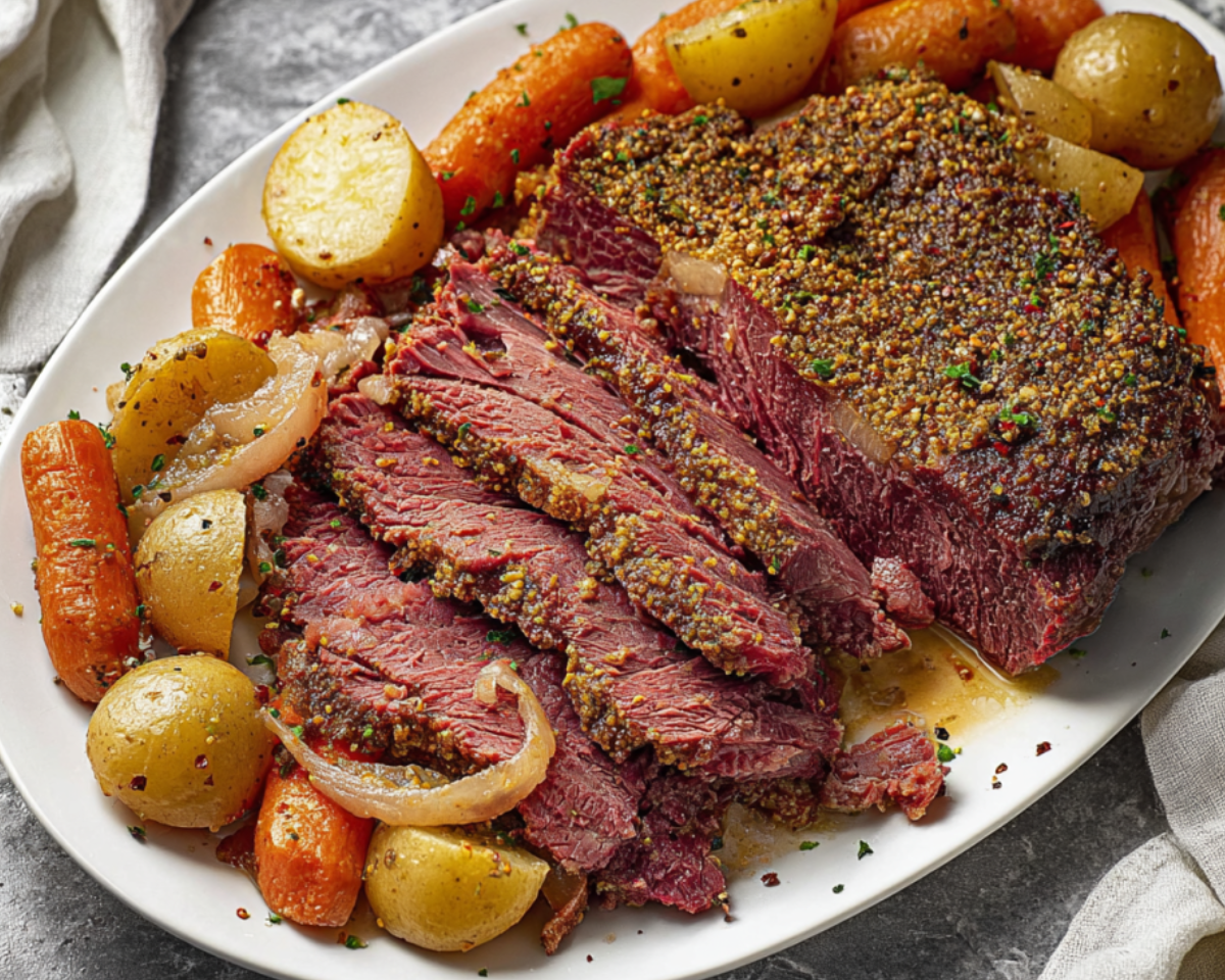 Corned beef slices with carrots potatoes and onions
