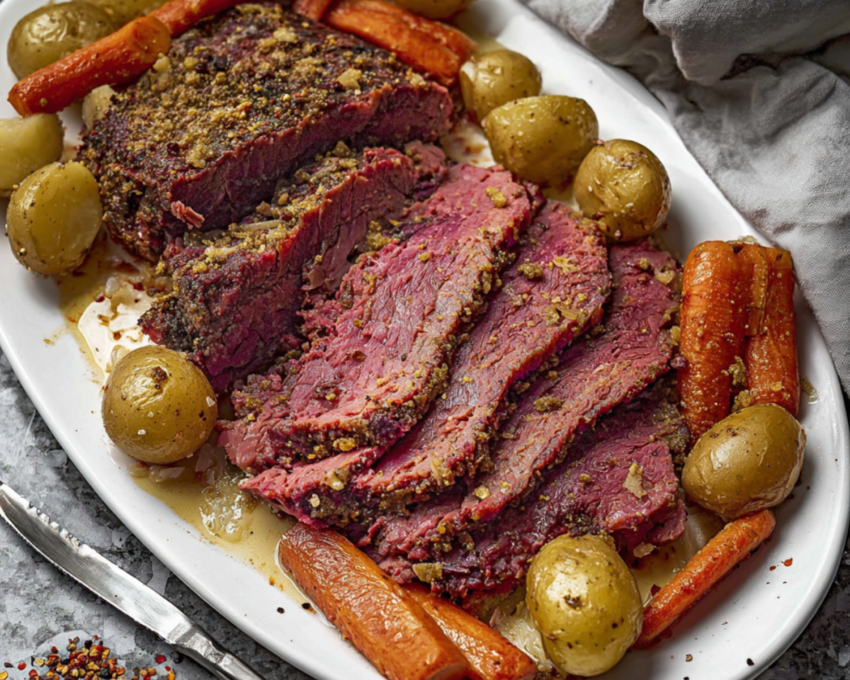 Corned beef slices with vegetables on white platter