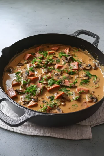 Corned beef stroganoff with mushrooms and dill