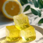 Cubes de gelée citron sur petite assiette blanche