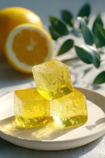 Cubes de gelée citron sur petite assiette blanche