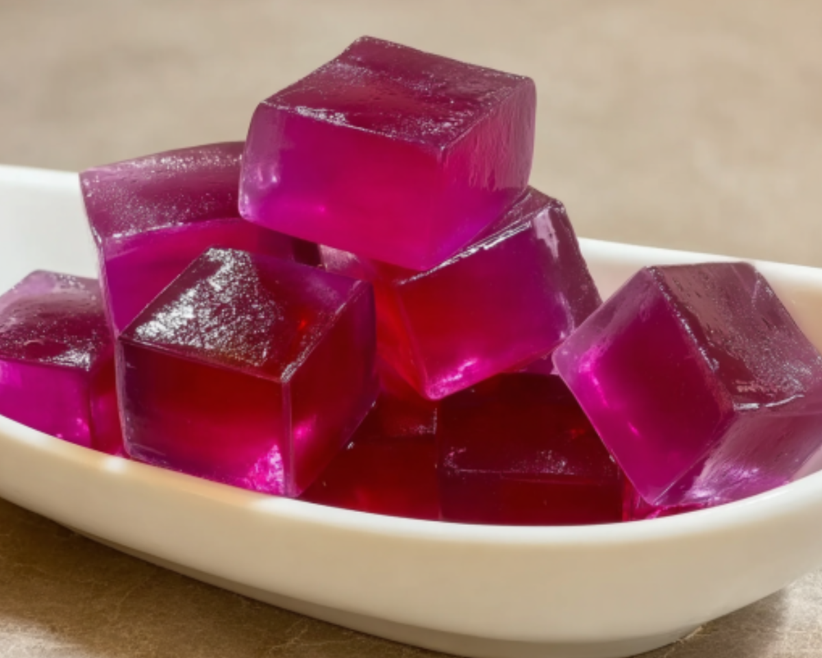 Cubes de gelée rose translucide empilés dans un petit plat