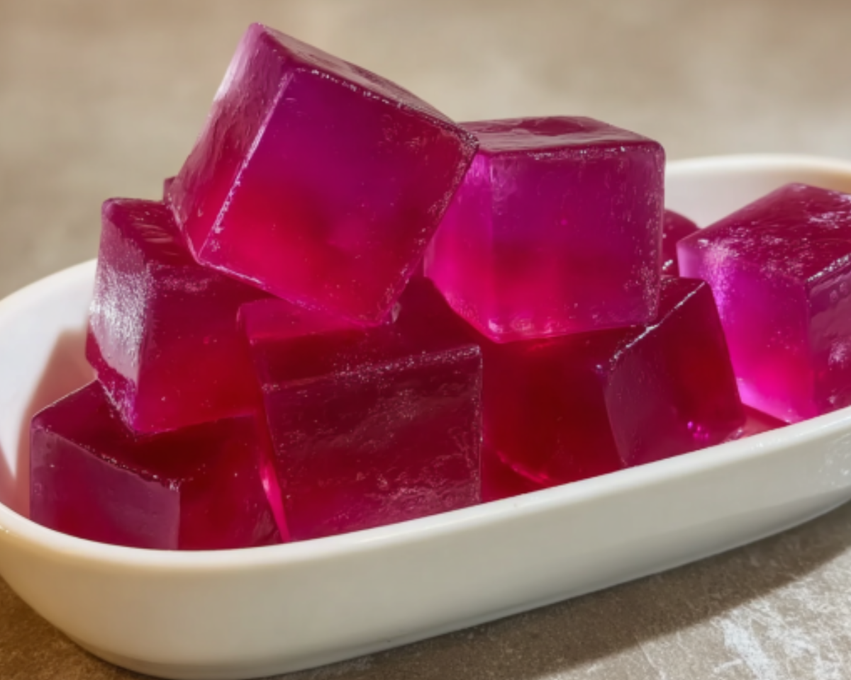 Dessert de gelée rose coupé en cubes dans un plat blanc