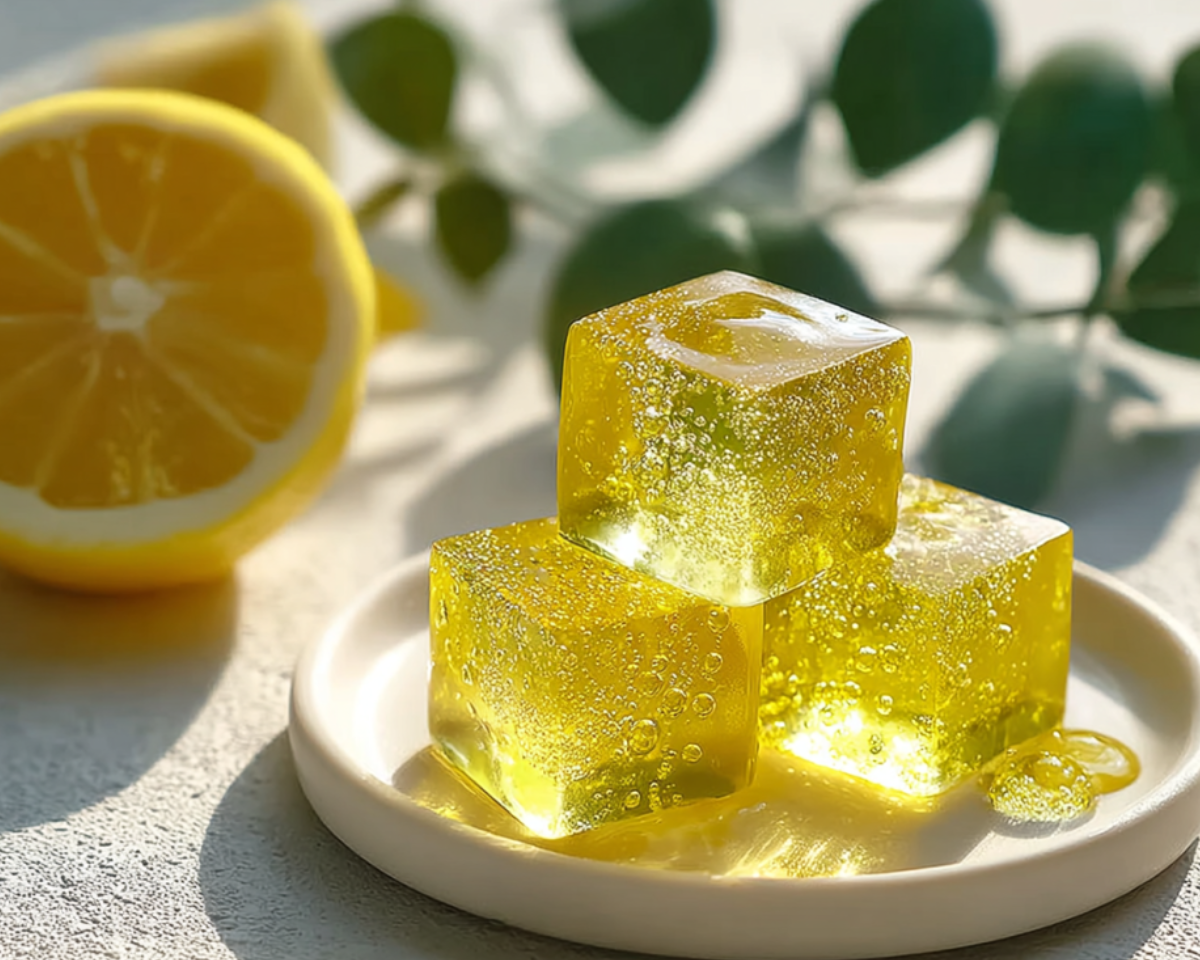 Dessert gelée citron brillante sur assiette blanche