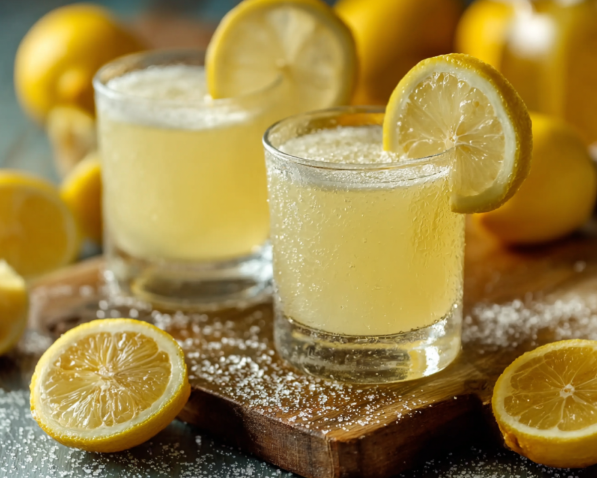 Fresh lemon gelatin drink with lemon garnis