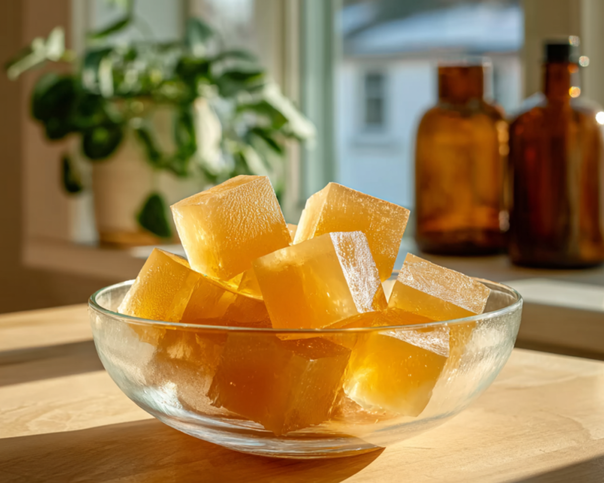 Gelée citron en cubes sur table en bois