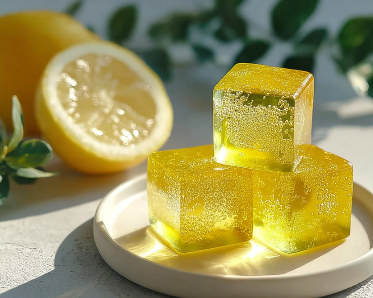 Gelée citron translucide en cubes avec citron en arrière plan