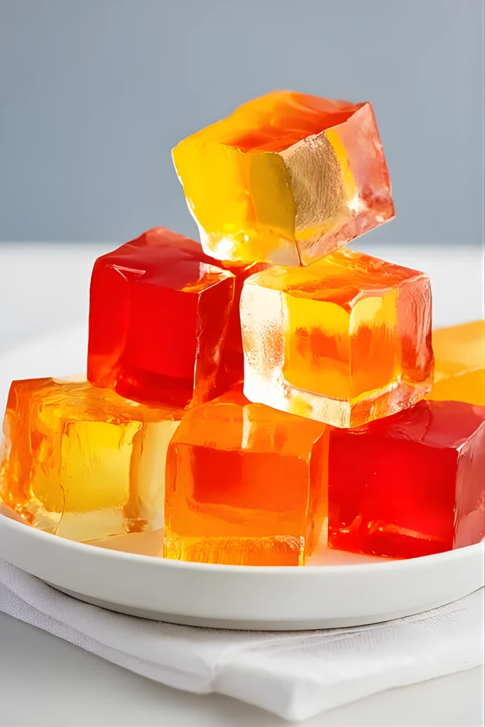Gelée colorée en cubes sur assiette blanche