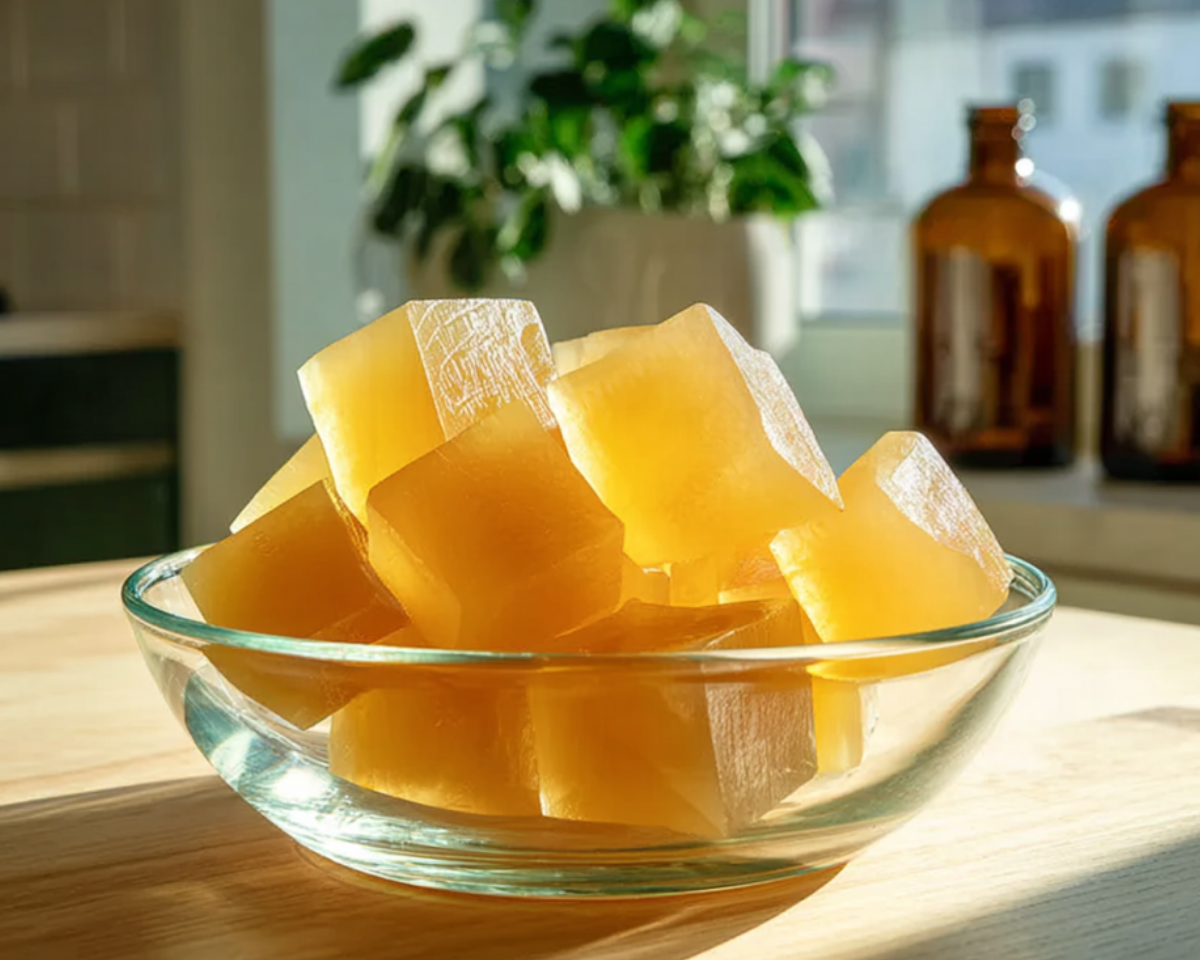 Gelée dorée en cubes dans bol en verre