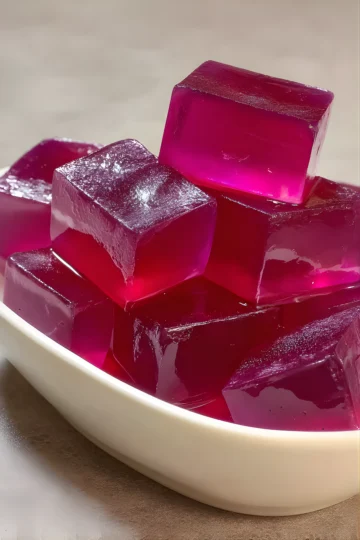 Gelée rose en cubes brillants dans un plat blanc
