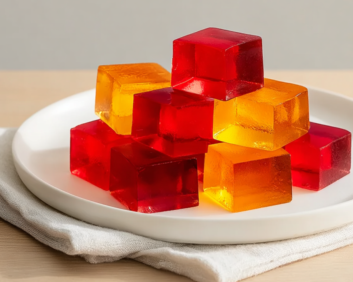 Gelée translucide rouge et orange sur assiette